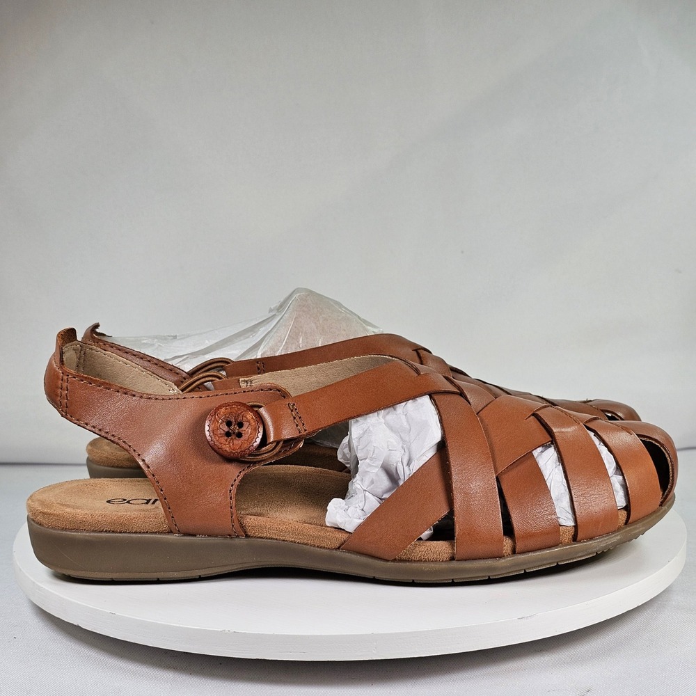 New Earth Origins Women Tan Leather Fisherman Sandals Woven Slingback Flats 9.5M - Picture 2 of 7